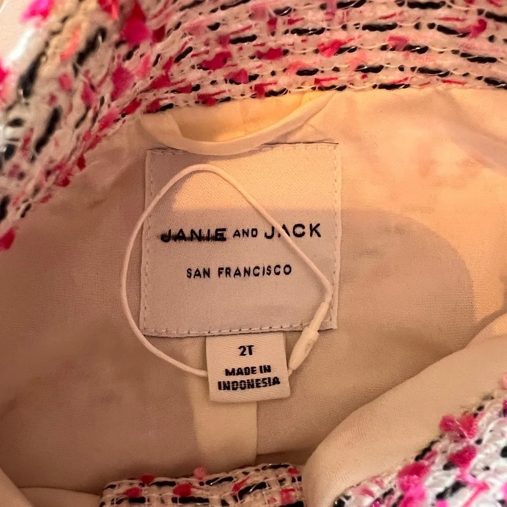 NWT Janie and Jack Tweed Ruffle Cuff Boucle Blazer Pink White size 2T